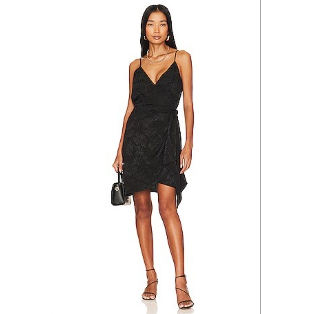 Steve Madden NWT Georgina Faux Wrap Mini Dress Satin Leaf Print Black Ruffle 2